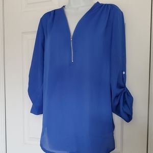 Womens Blue Zipper V NECK Blouse